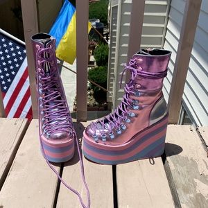 Dolls Kill Metallic Pink & Purple Striped Platform Lace-Up Boots
